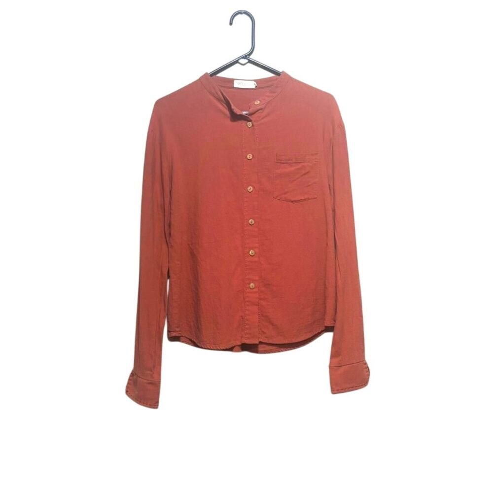Roolee Womens Large Rust Cotton Button Down Shirt Mandarin Collar Pocket Western